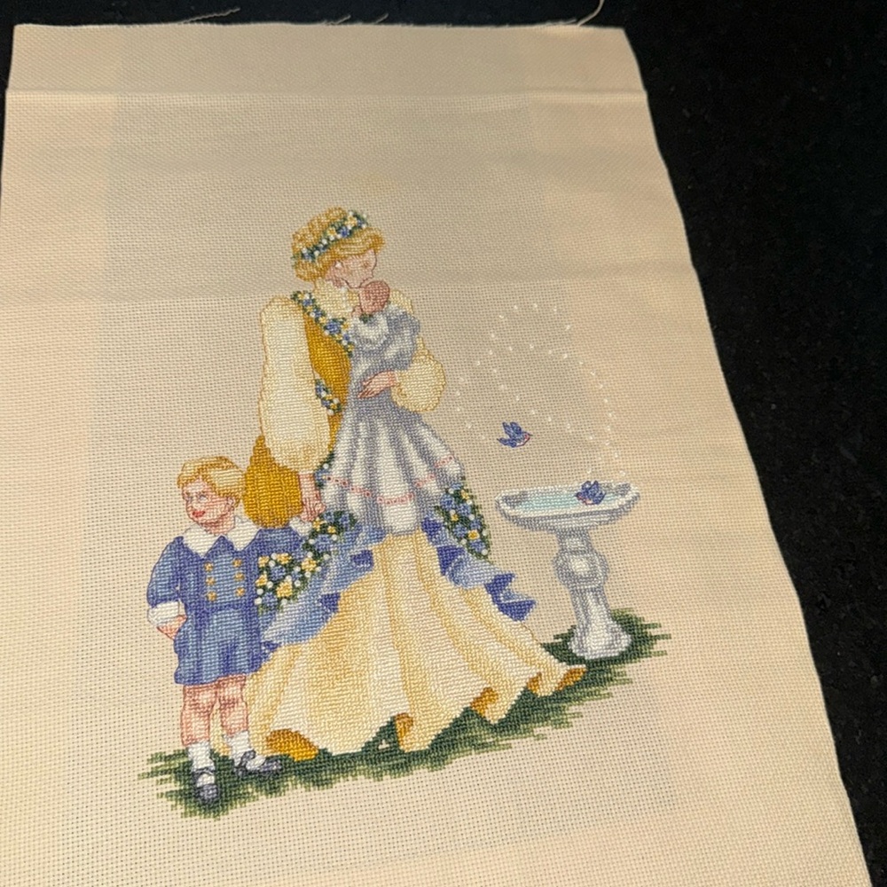 Vintage needlepoint  Art with Woman and Child baby & mom 11x14 blue